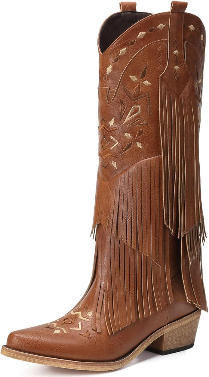 Cowboy Boots for Women - Fringe Knee High Cowgirl Boots with Classic Embroidery, Pointed Toe Pull... | Amazon (US)