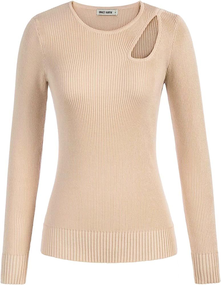 GRACE KARIN Women's Long Sleeve Crew Neck Cutout Top Sexy Trendy Slim Fit Ribbed Knit Pullover Sweat | Amazon (US)