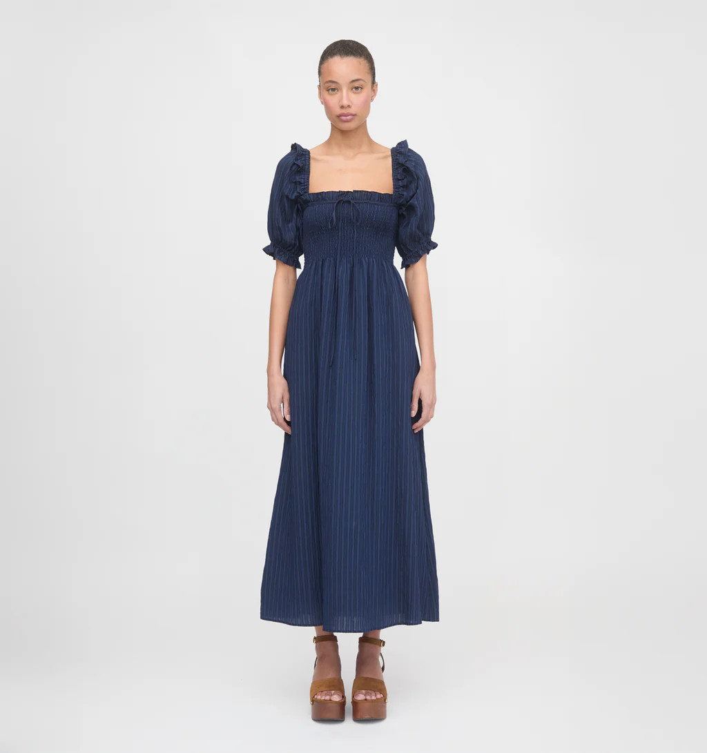 The Scarlett Midi Nap Dress - Navy Tonal Seersucker | Hill House Home US