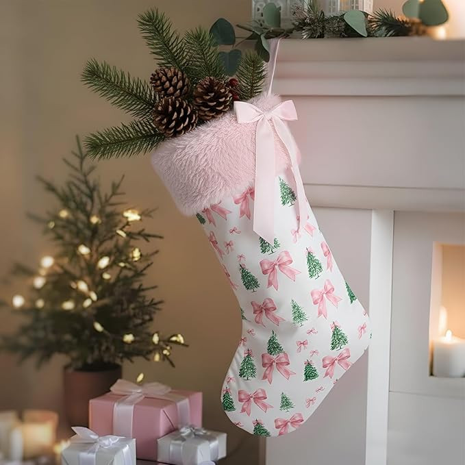 Realspring Christmas Tree Bow Pattern Xmas Stocking 18 Inches Canvas with Pink Faux Fur Baby's Fi... | Amazon (US)