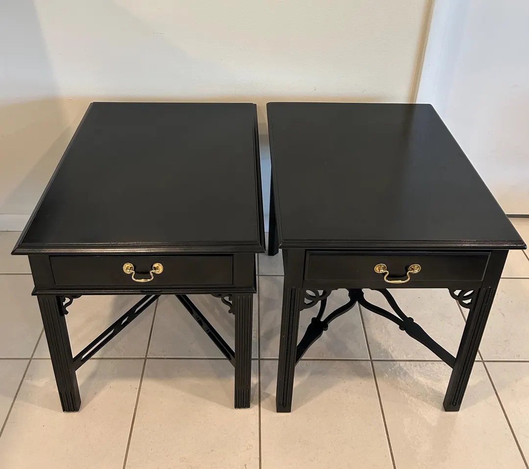 Pair Of Chippendale Nightstands W/ Drawer-Black & Gold Side/End Tables-Vtg Rectangle Bedside Tabl... | Etsy (US)