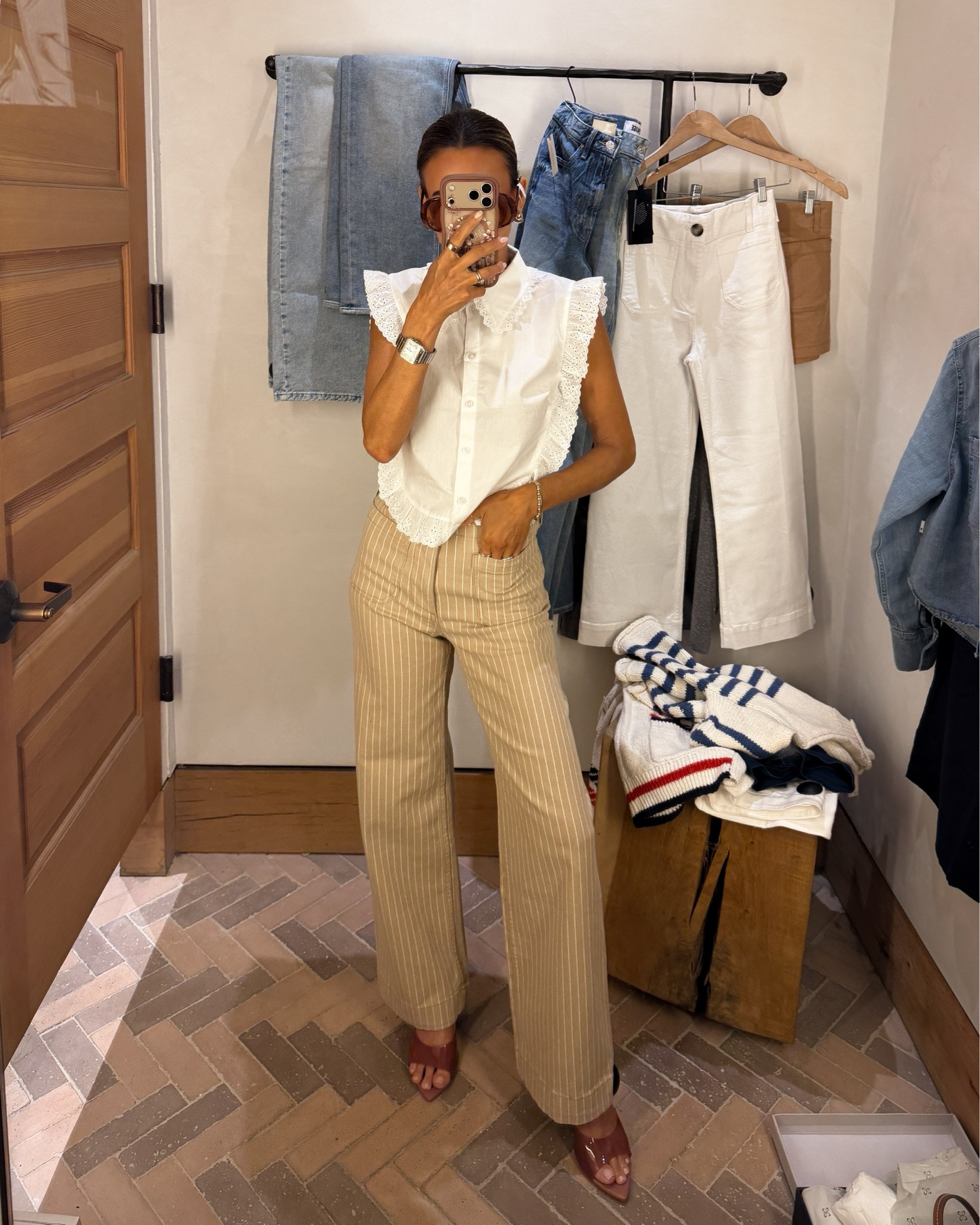 Anthro new purchases! Code KARINA20 for 20% off when you spend $100+ 
This was the first outfit I tried on and instant to the yes pile! Pin stripe pants (i have a few pairs of these and love the fit/cut/style!) tts/25 perfect length 
The eyelet top was the cherry on the cake! Xs
These heels are so fun for summer, I snagged the blue ones but think I need the pink too. Size down .5 size

#LTKSaleAlert #LTKootd #LTKSeasonal