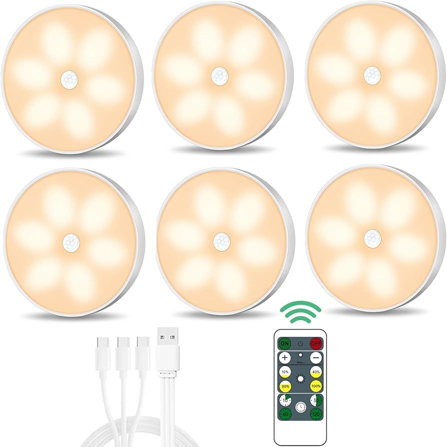 Warm White LED Closet Lights Wireless Motion Sensor Puck Light, USB Rechargeable Battery Operated... | Amazon (US)