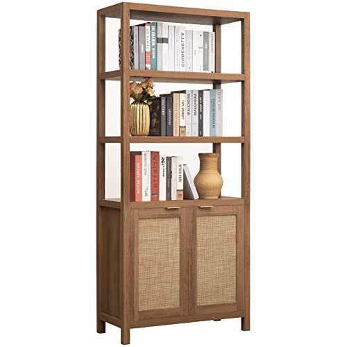 SICOTAS Bookshelf 5 Tier Book Shelf Rattan Boho Tall Bookcase with Doors Storage Wood Shelves Large Bookshelves Farmhouse Bookcases Library Book Case for Living Room (Reclaimed Caramel Oak, 1 Piece) | Amazon (CA)