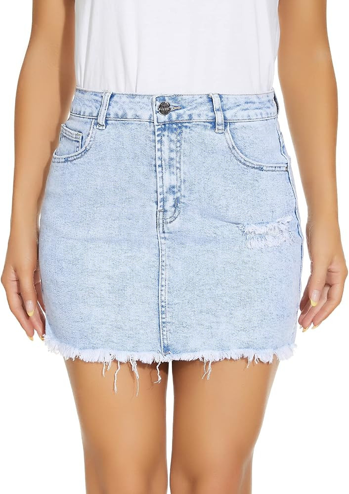 VIPONES Denim Skirt Women Shorts Jean Raw Hem Frayed Stretch Ripped Mid Waist Casual Mini Skirts | Amazon (US)