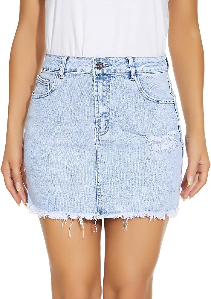 VIPONES Denim Skirt Women Shorts Jean Raw Hem Frayed Stretch Ripped Mid Waist Casual Mini Skirts | Amazon (US)