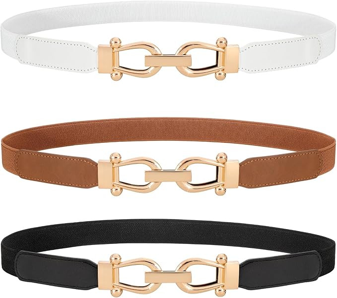 WERFORU 3 Pack Women Skinny Elastic Waist Belt Gold Buckle Stretchy Thin Belt for Jeans Dress | Amazon (US)
