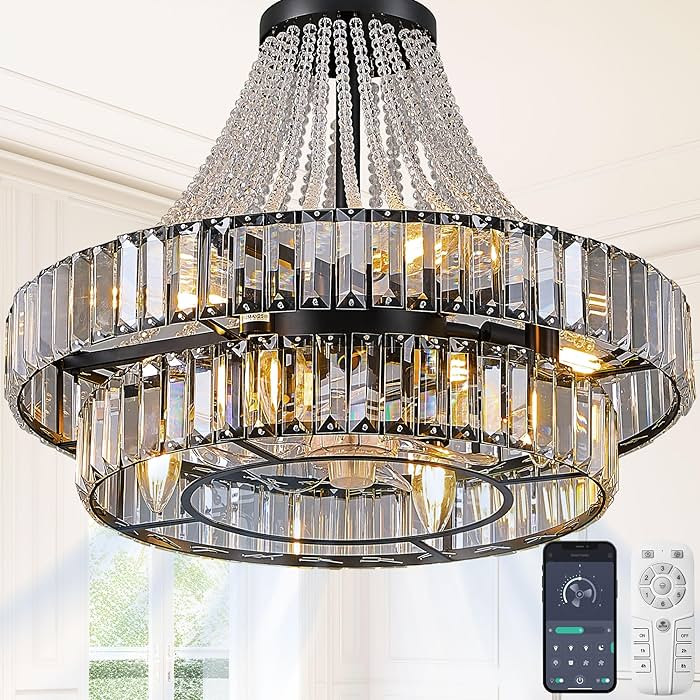 24" Double Layer Crystal Caged Ceiling Fan Light Modern Smart Fandelier for Dining Living Room Be... | Amazon (US)