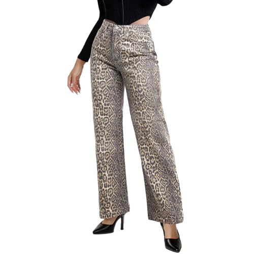 UAGVB Cheetah Print Pants Baggy Jeans Straight Leg Jeans Stretch Trendy Leopard Pull On Jeans for Women XXL | Amazon (US)