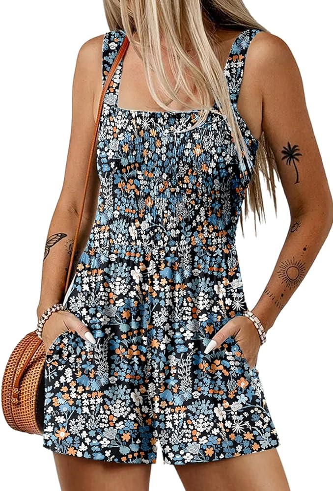 Dokotoo Women's Summer Casual Smocked Rompers Square Neck Sleeveless Loose Shorts Jumpsuits 2026 ... | Amazon (US)