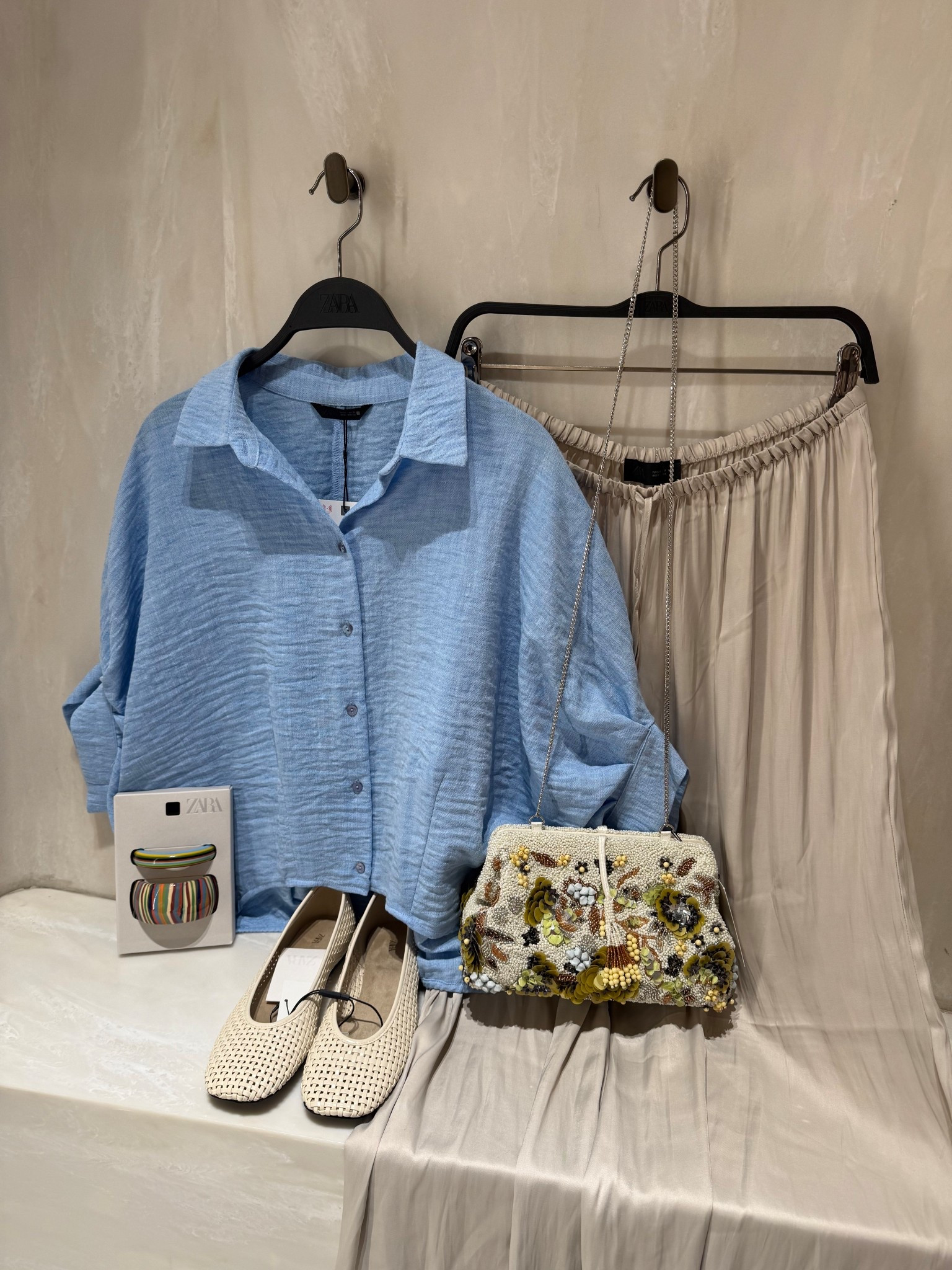 BLUE SHIRT STYLING🦋
Tags: palazzo wide leg trousers beaded embellished bag clutch chain strap braided woven ballet flats ballerinas resin bracelets Zara ootd spring summer trends city break holiday vacation date night 

#LTKsummer #LTKstyletip #LTKspring