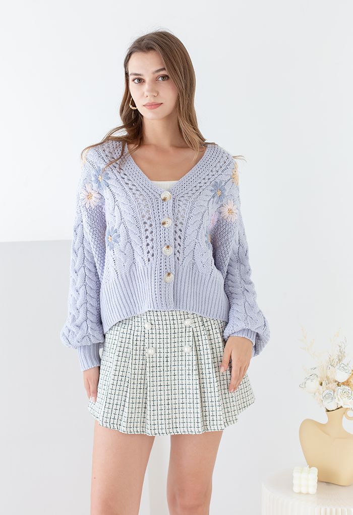 Stitched Flowers Braided Hand Knit Cardigan in Light Blue | Chicwish