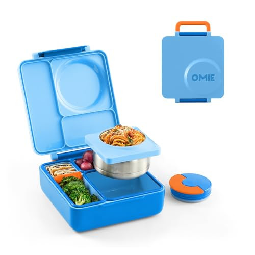 OmieBox Bento Box for Kids - Insulated Bento Lunch Box with Leak Proof Vacuum Insulated Food Jar - 3 Compartments, Two Temperature Zones (Blue Sky) | Amazon (US)