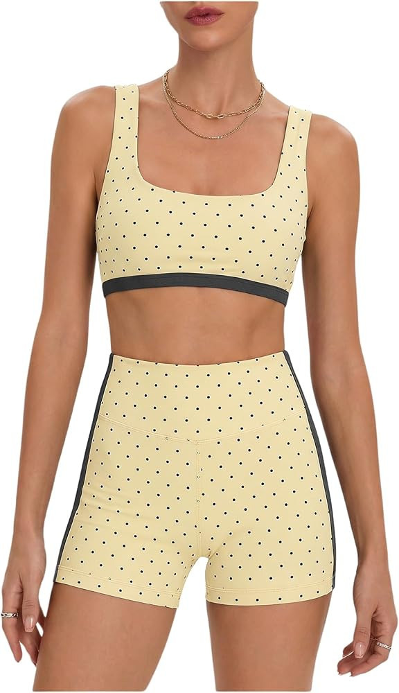 Milumia Women's Polka Dots Workout Set 2 Piece Color Block Bra Tank High Waisted Biker Shorts Lay... | Amazon (US)