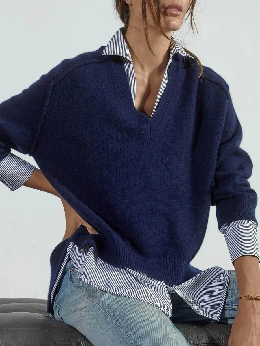Women's Looker Layered V-Neck in Carob M\u00e9lange Stripe | Brochu Walker | Brochu Walker