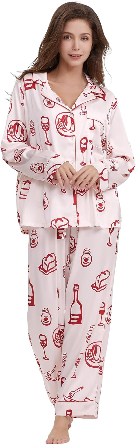 Womens Silk Satin Pajamas Set Button Down 2 Piece Pjs Long Sleeve Oversized Sleepwear with Pocket... | Amazon (US)