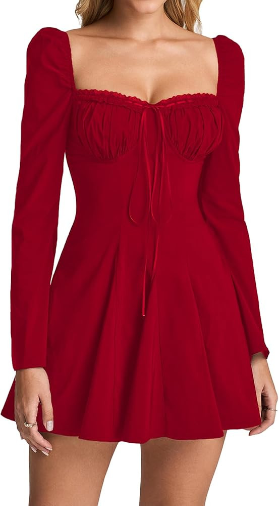 EYNMIN Long Sleeve Mini Dress Lace Sweetheart Neckline Flowy A Line 2025 Fall Short Going Out Dre... | Amazon (US)