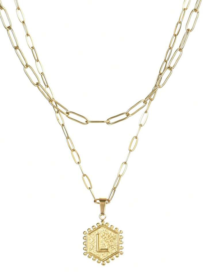 Stainless Steel Capital A-Z Letter Charm Necklace Geometric Hexagon Multi Shape Pendants Layered | SHEIN