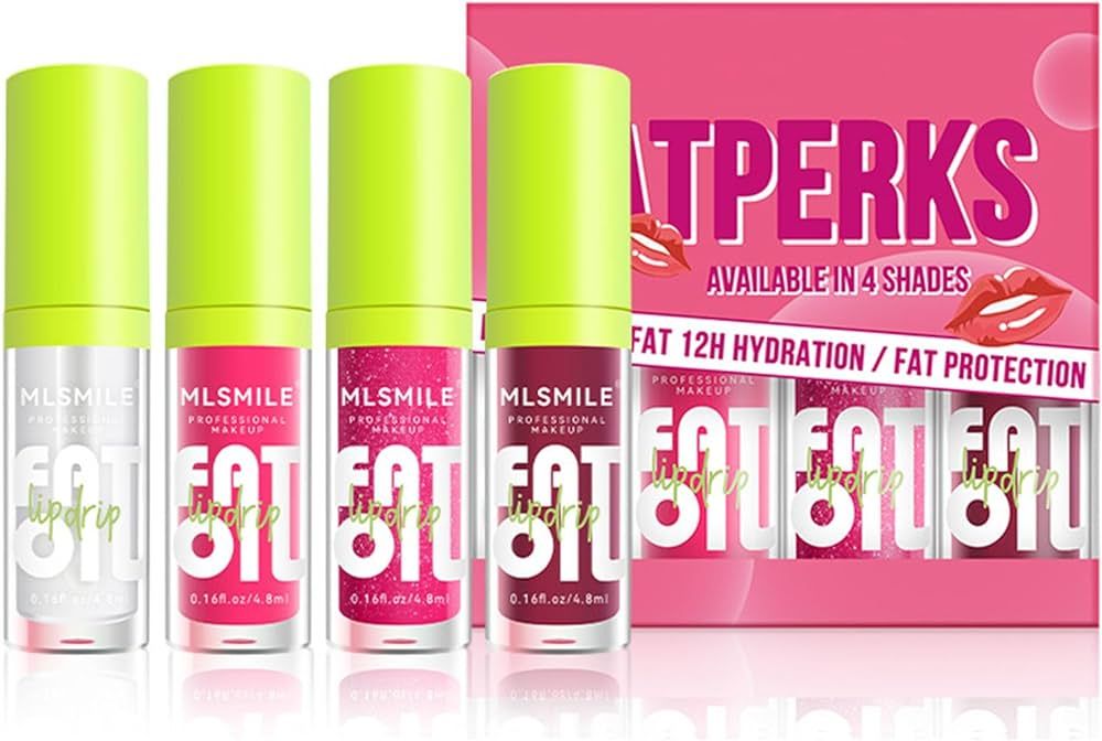 4 Colors Lip Oil Lip Glaze,Fat Lip Oil Drip,Big Brush Head Hydrating Lip Glow Oil,Shiny Transpare... | Amazon (US)