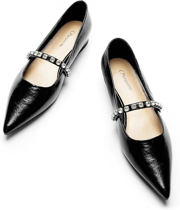 C.Paravano Crystal Strap Flats Pointed Toe Shoes Mary Jane Women's Flats for Dressy Office Causal | Amazon (US)