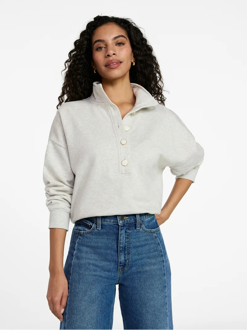 Time and Tru Women's Quarter Button Fleece Top with Long Sleeves, Size XS-XXXL | Walmart (US)