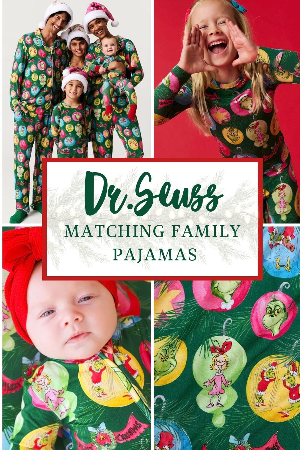 Family grinch Christmas pajamas whoville seuss christmas holiday pajamas sleepwear jammies loungewear outfits sets pjs family kids toddler baby mom dad couple matching coordinating festive cozy merry grinchmas green red max cindy lou who cat in the hat how the grinch stole christmas who-ville character themed whimsical funny classic movie night tradition photos card outfit holiday matching pajamas