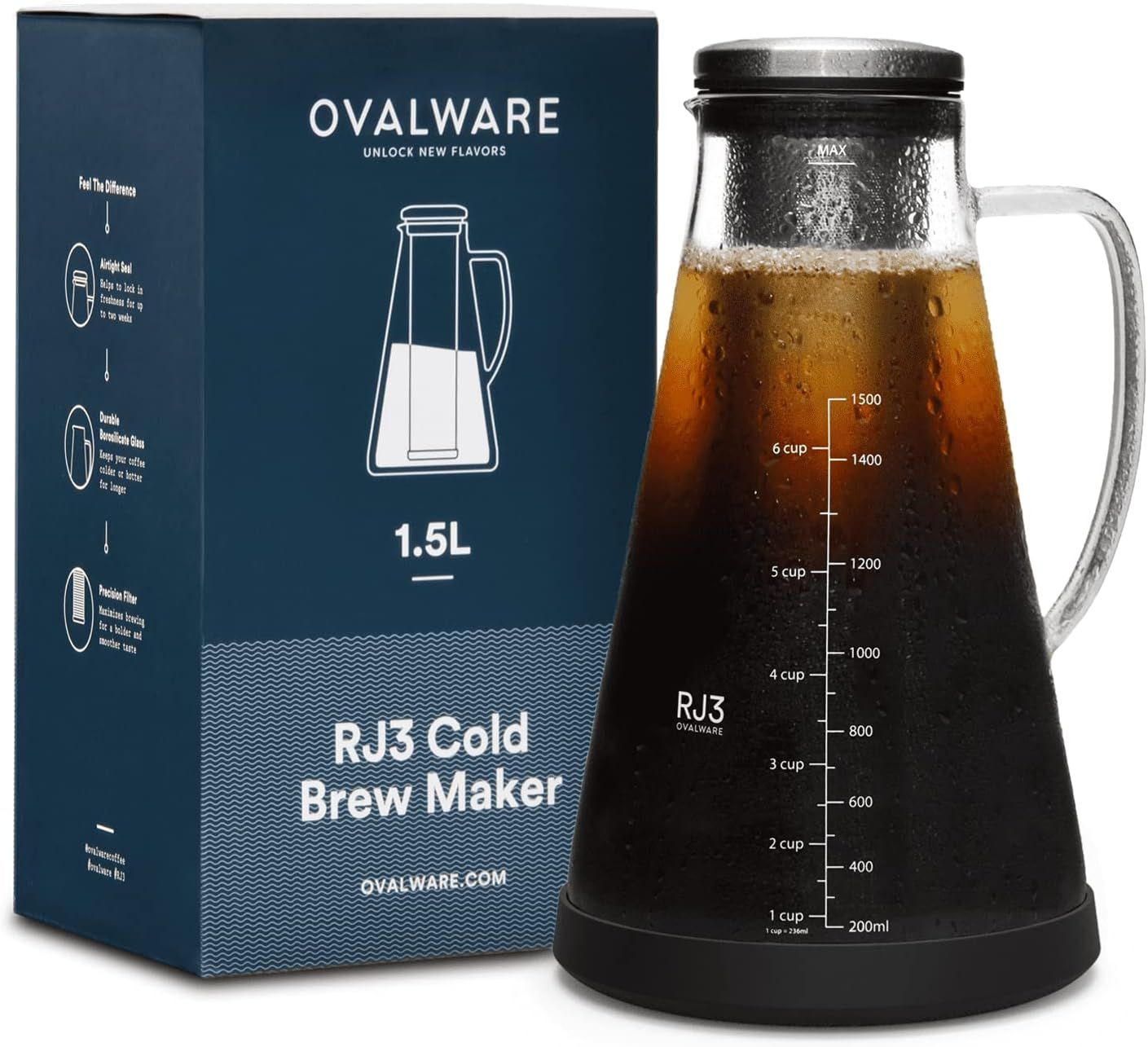 Airtight Cold Brew Iced Coffee Maker Pitcher (& Iced Tea Maker) with Spout – 1.5L/ 51oz Ovalwar... | Amazon (US)