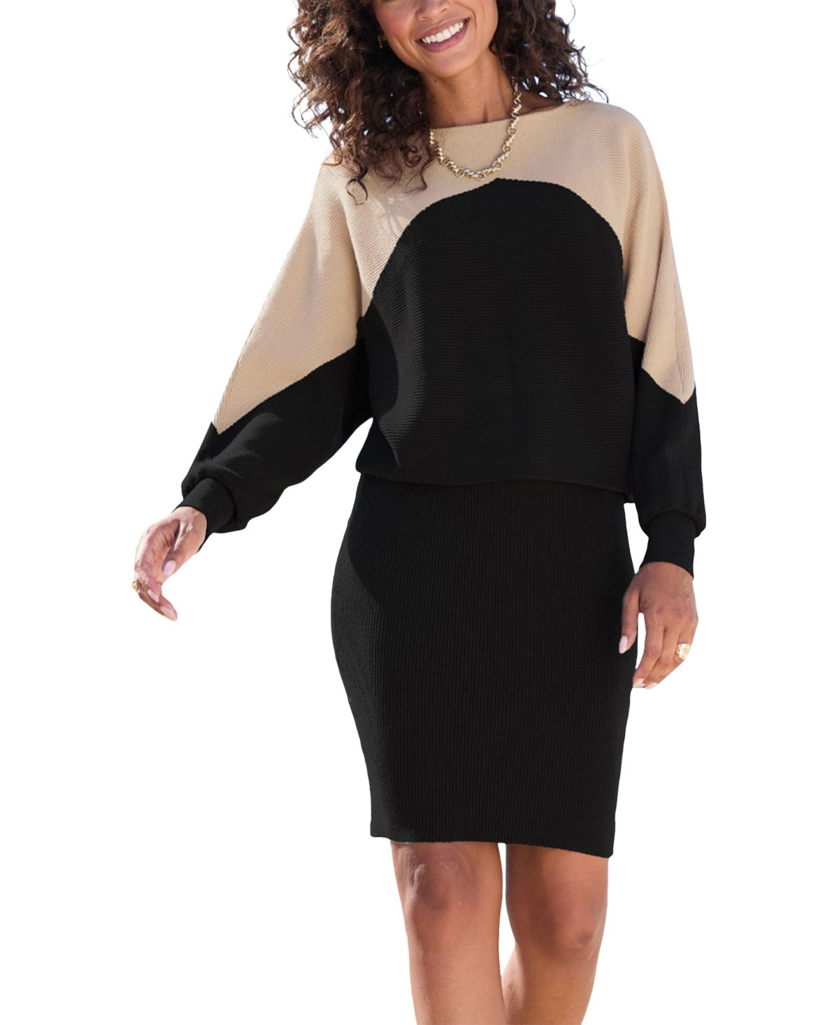 Lascana Women's Color-Block Ribbed-Knit Short Dress - Sand  black | Macy's