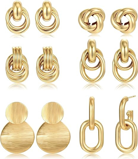 6 Pairs Chunky Gold Earrings for Women Gold Plated Knot Earrings Trendy Statement Drop Dangle Tea... | Amazon (US)