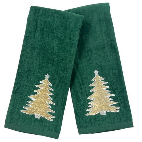 Serafina Home Christmas Bathroom Hand Towels – Set of 2 Dark Green 100% Cotton Embroidered Golden Christmas Tree – 25 x 16” Decorative Bath & Kitchen Towels | Amazon (US)