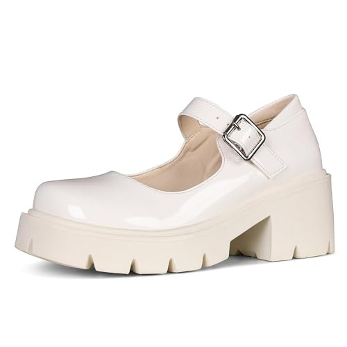 AOSPHIRAYLIAN Womens Mary Janes Shoes Round Toe Platform Ankle Strap Chunky Heel White Uniform Dress Shoes | Amazon (US)