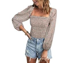 BTFBM Women Casual Long Sleeve Shirts Top 2023 Spring Summer Off Shoulder Tops Square Neck Floral... | Amazon (US)