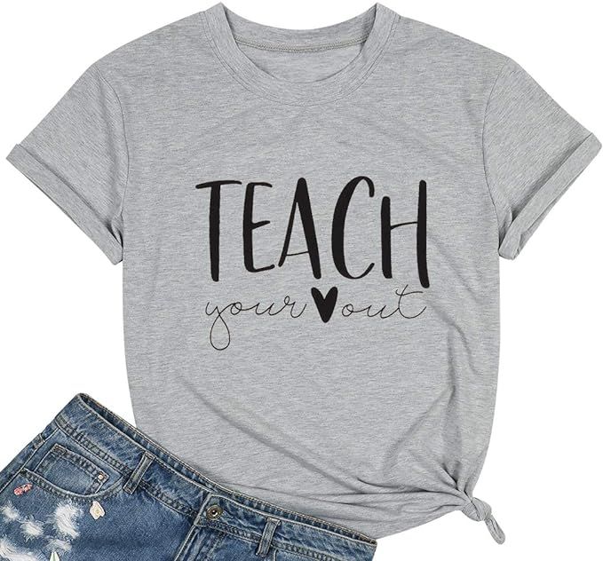 Teacher Shirts Women Cute Letter Print T-Shirts Teaching Tee Shirt Heart Graphic Tops Summer Casu... | Amazon (US)