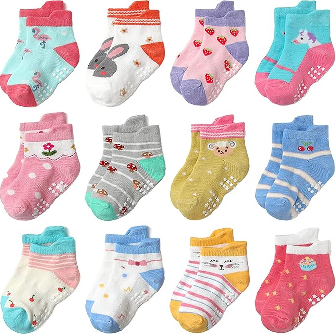 Non Slip Grip Ankle Baby Socks 12 Pack for Toddler Boys and Girls Kids,Infant Cute Cotton Baby So... | Amazon (US)