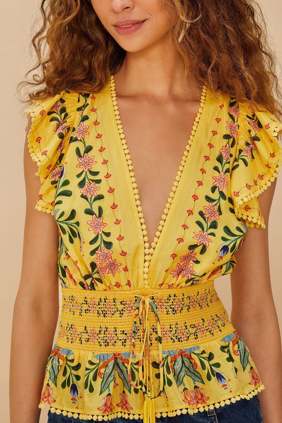 Yellow Delicate Flowers Stripes Blouse | FarmRio (US)