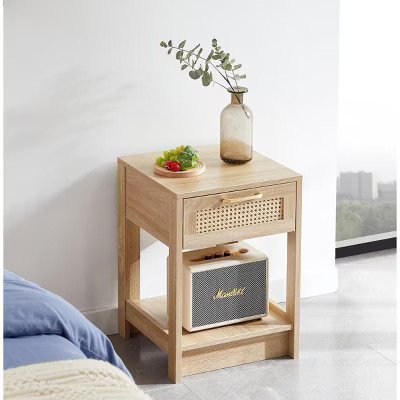 KTMBDW 2 Tier End Table, Rattan Side Table with Solid Wood Legs, Boho Bedside Table with Drawer and Storage Shelf, Nightstand for Bedroom, Natural | Target