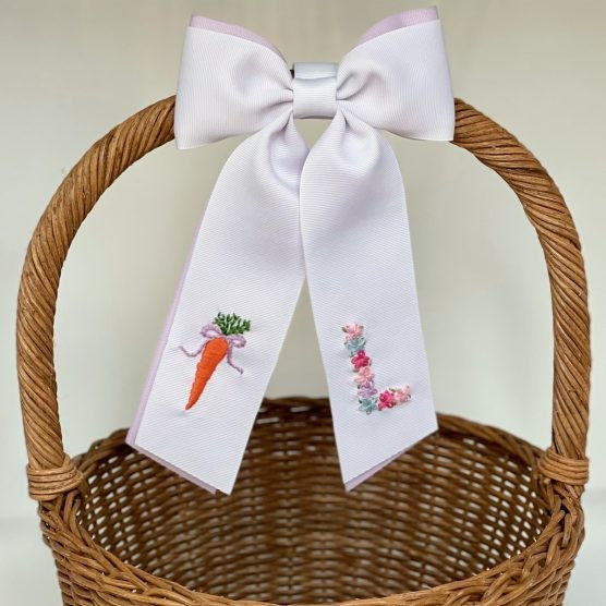 Winn and William Purple Bow Carrot + Pink Floral Initial Easter Basket Bow | The Tot