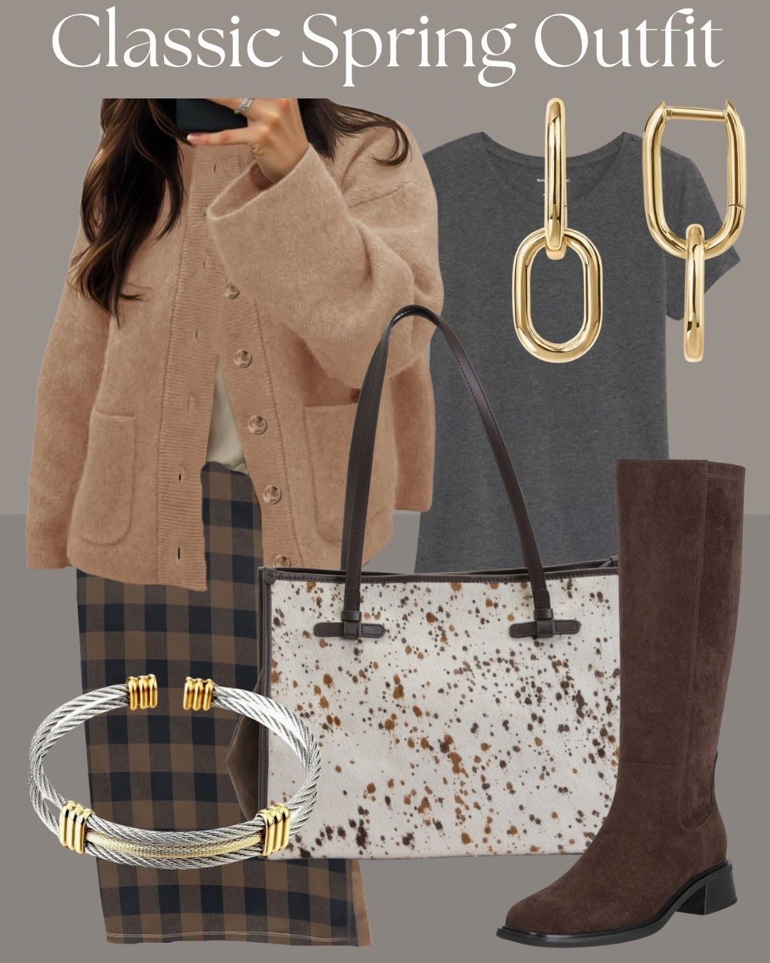 Spring style outfit with tall brown boots, plaid midi skirt and cozy neutral cardigan.
Tall boots are still such a good option for early spring outfits, especially with a midi skirt and soft cardigan. The textured bag and simple gold earrings pull everything together while keeping the look relaxed and wearable.

#LTKStyle
#LTKSpring
#LTKBoots
#LTKAccessories
#LTKSeasonal

#SpringOutfit
#TallBoots
#CasualStyle
#MidiSkirt
#EverydayStyle

#LTKootd
