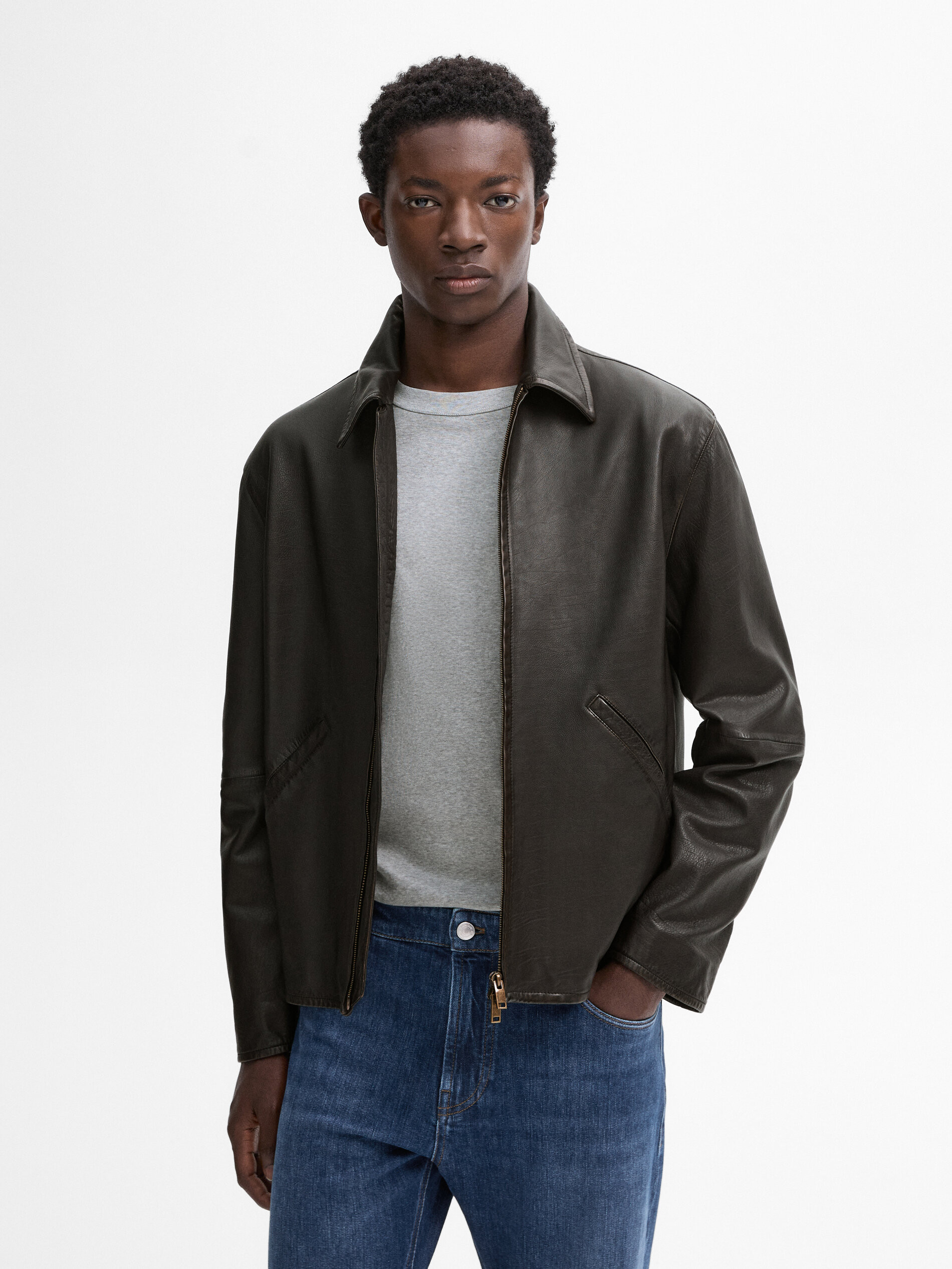 Brown nappa leather trucker jacket | Massimo Dutti UK