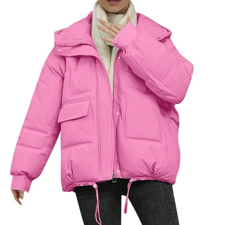 Sopiago Women s Hooded Puffer Jacket Lightweight Quilted Padded Warm Coat Zip-up Winter Outerwear Hot Pink 3XL | Walmart (US)