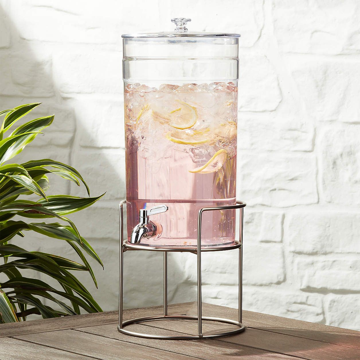 Claro Acrylic Drink Dispenser with Brooks Grey Wood Stand + Reviews | Crate and Barrel | Crate & Barrel