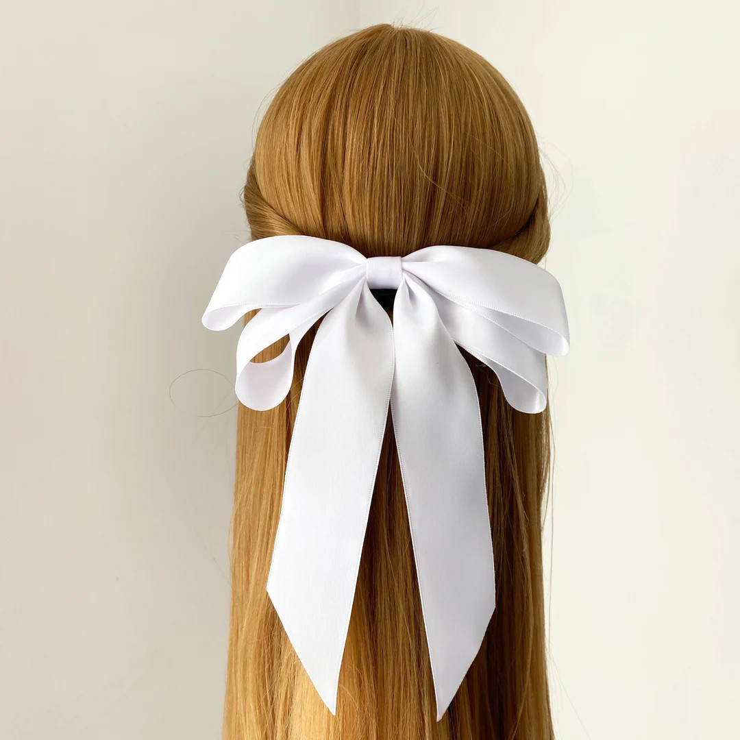 Oversized White Satin Long Tail Bow, Large Satin Hair Bow, Satin Bow Hair Clip, Satin Hair Tie - ... | Etsy (UK)