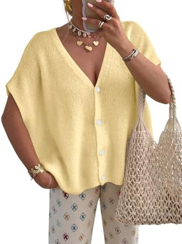 PRETTYGARDEN Womens 2026 Spring Oversized Cardigans Batwing Short Sleeve Lightweight Button V Nec... | Amazon (US)