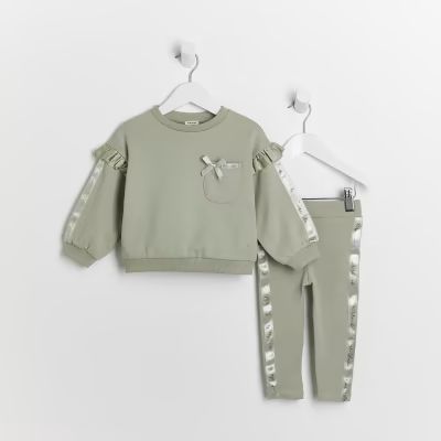 Mini girls khaki RI frill sweatshirt outfit | River Island (UK & IE)