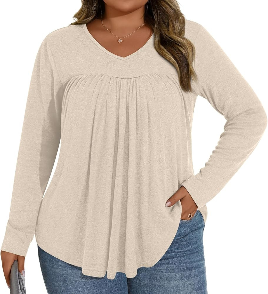 LONGYUAN Plus Size Womens Long Sleeve Tunic Tops 2025 Fall Winter Casual V-neck Top XL-5XL | Amazon (US)