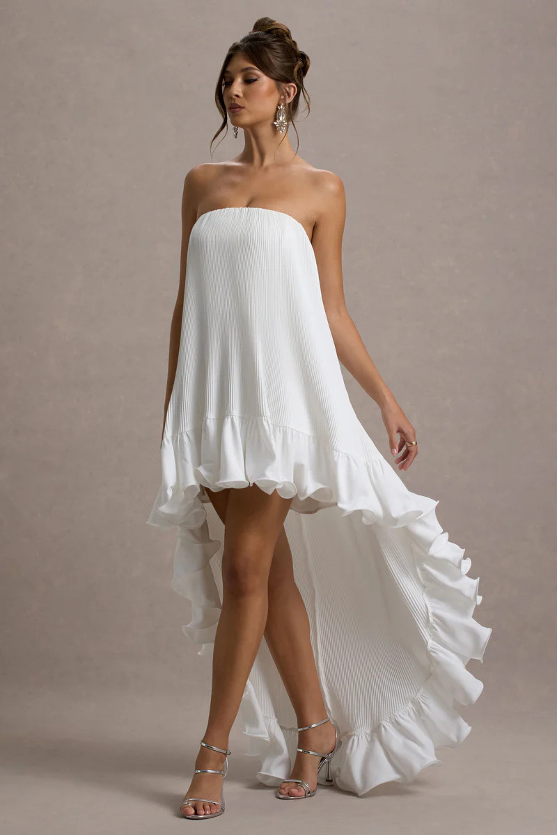 Whistler  White Chiffon Bandeau High-Low Ruffled Maxi Dress | Club L London