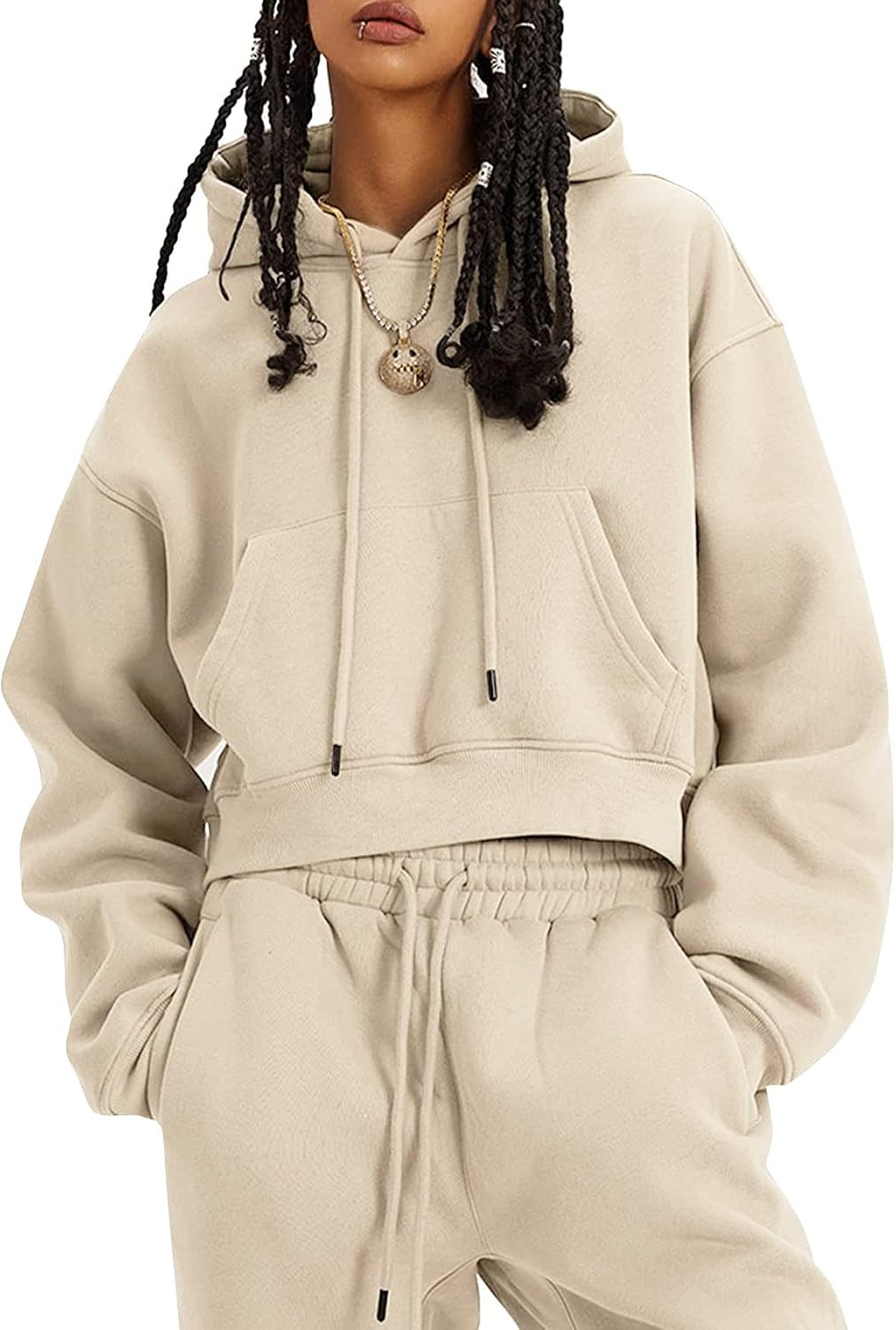 Flygo Womens Fleece 2 Piece Outfits Fall Crop Pullover Jogger Sweatsuit Set | Amazon (US)