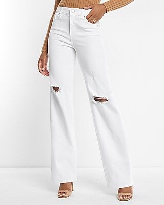 High Waisted White Ripped Wide Leg Jeans | Express