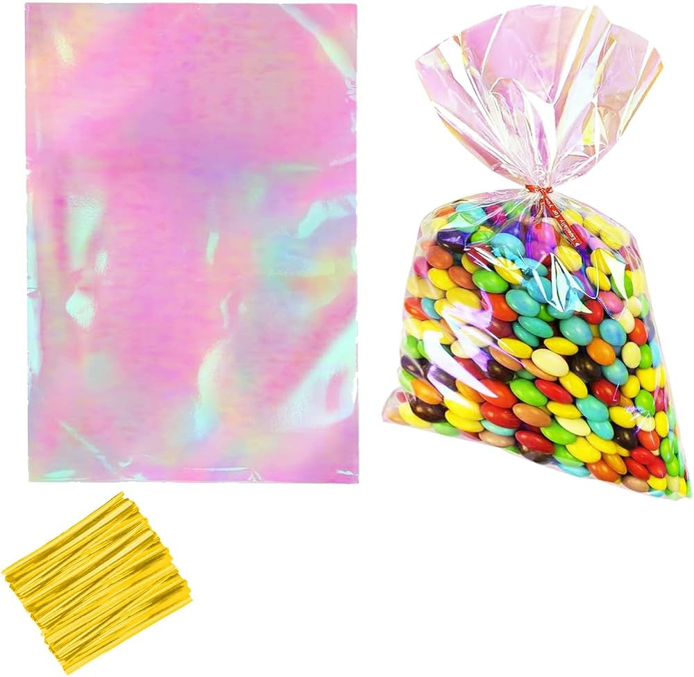 Iridescent Holographic Clear Cello Bags Candy Plastic Favor Cellophane Treat Bags,Pack of 50 | Amazon (US)