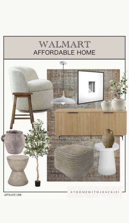 Walmart affordable home decor, wood console, console table, light fixture, accent chair, swivel chair, wood stool, ottoman, pouf , area rug, accent rug, neutral spring decor 

#LTKHome #LTKStyleTip